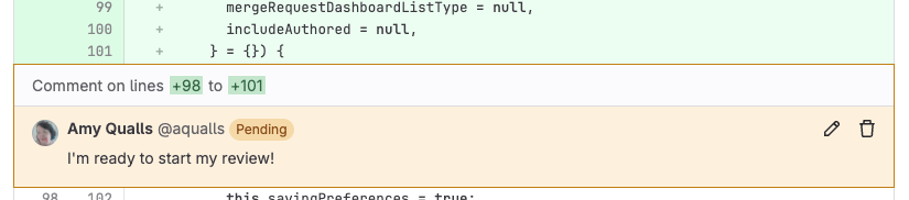 An unpublished multi-line review comment shown as 'Pending'.